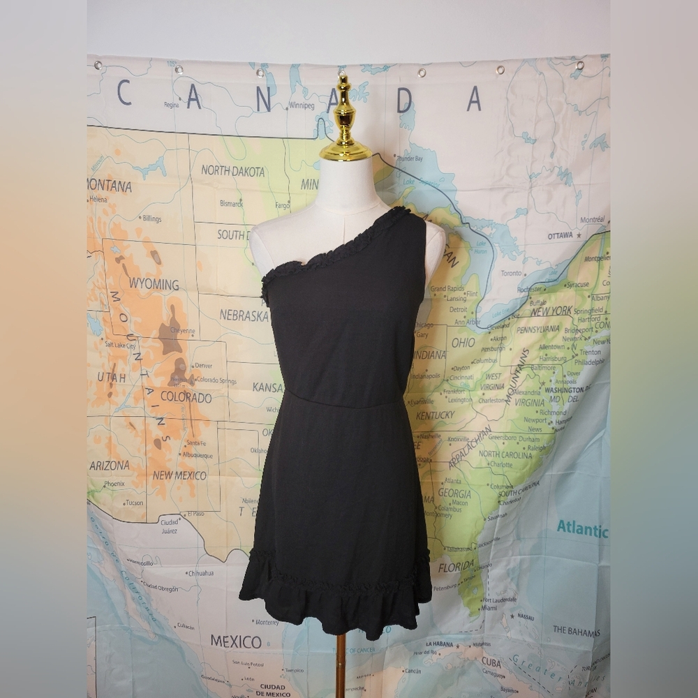 Blue Rain One-Shoulder Black Ruffle Dress Size S